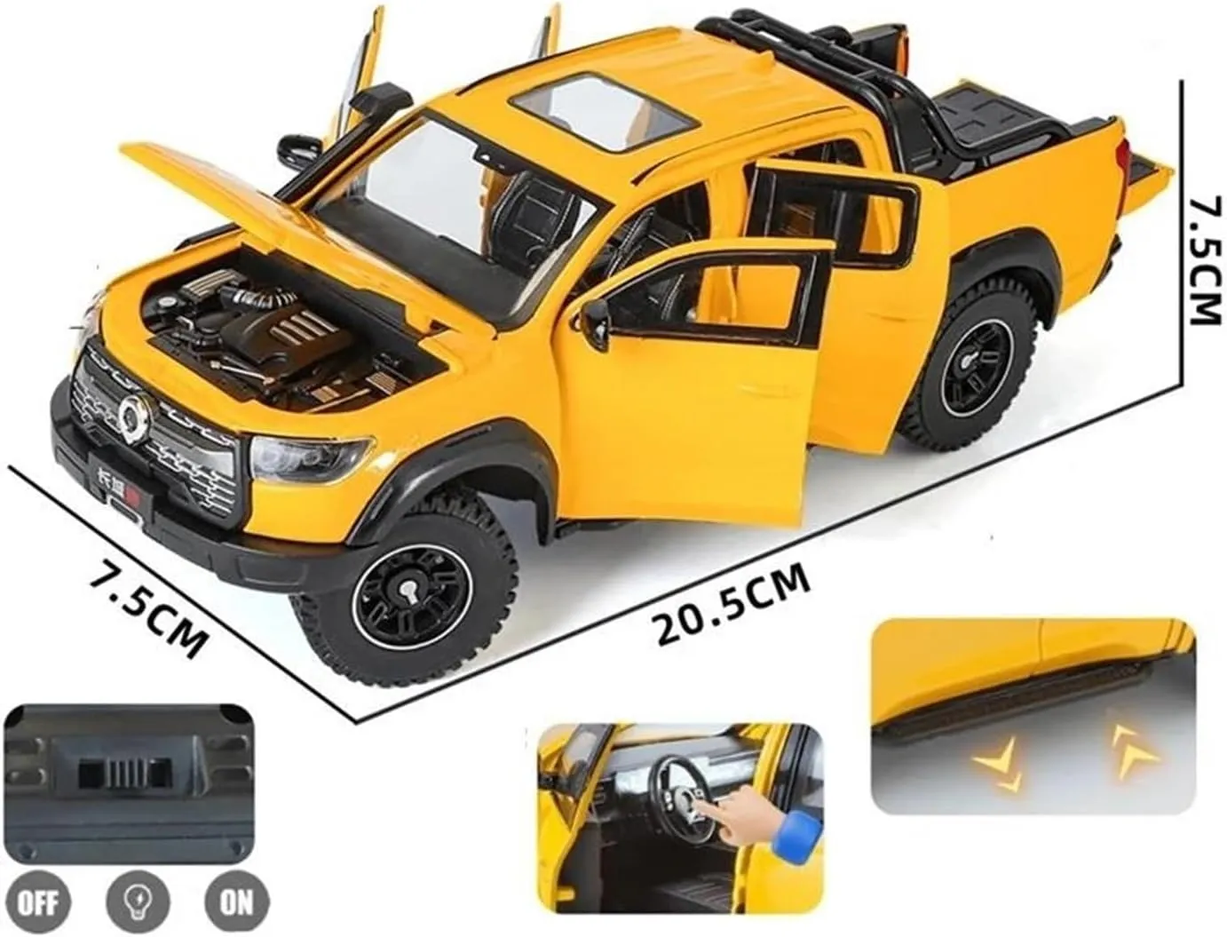 1 24 for Great Wall Motor POER Pickup Alloy Car Model Off-Road Vehicles Car Model Simulation Sound Light Toy Gift Simulation Vehicle Playset(Yellow)