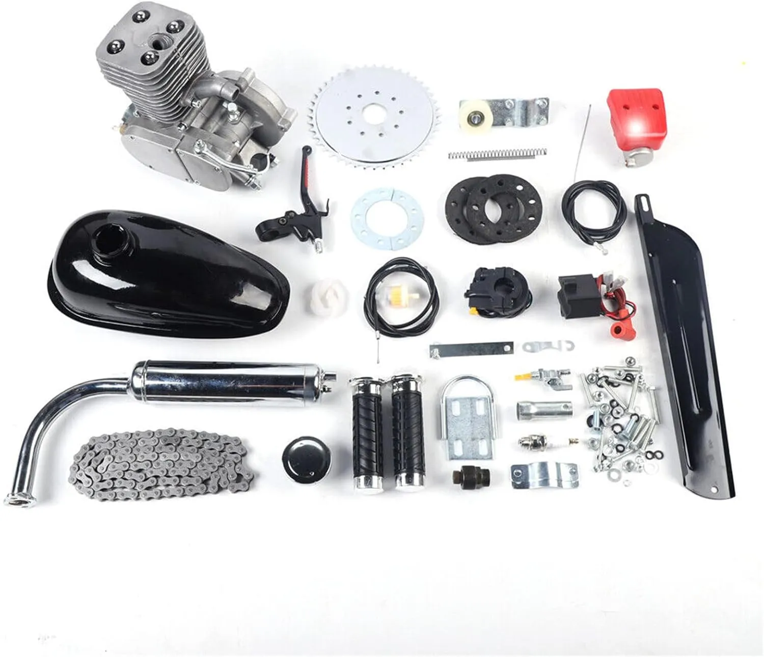 100CC Bicycle Engine Kit, 2 Stroke Gas Powered Bike Motor Conversion Kit Gas Motorized Motor Bike Motor Cycle Full Set Carburetor Assembly CDI Ignition Exhaust Muffler Fuel Tank (with Valve)