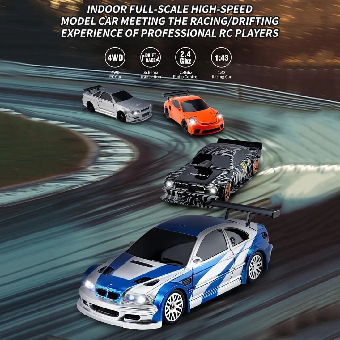 1/43 Scale RC Mini Racing Car, Full Proportional Electric Mini Racing Drift Car Model with Lights Kit (RTR) - Gyro Version