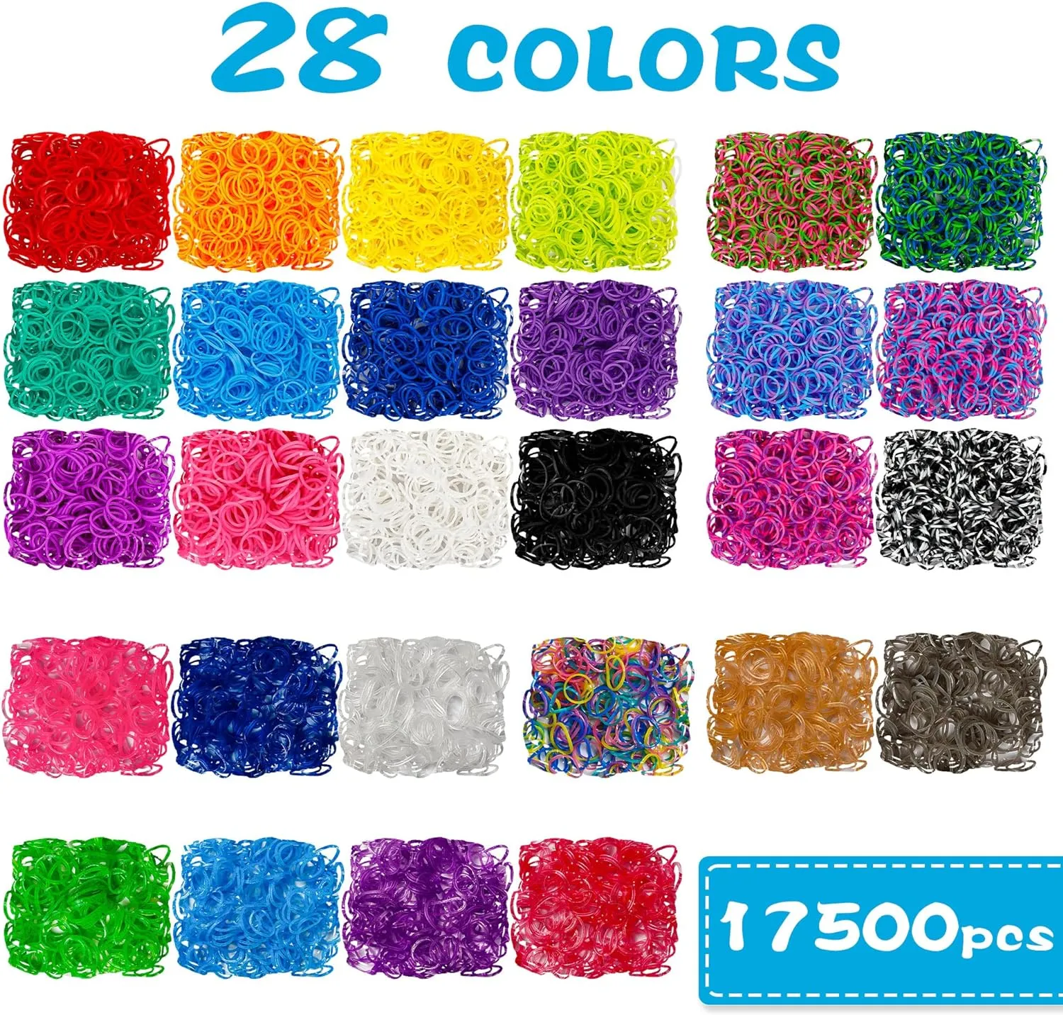 17500  Rubber Loom Bands with 3 Layer Blue Container, 28 Colors, 600 S-Clips, 352 Beads, 40 Cartoon Pendant, Bracelet Making Refill Kit for Kids