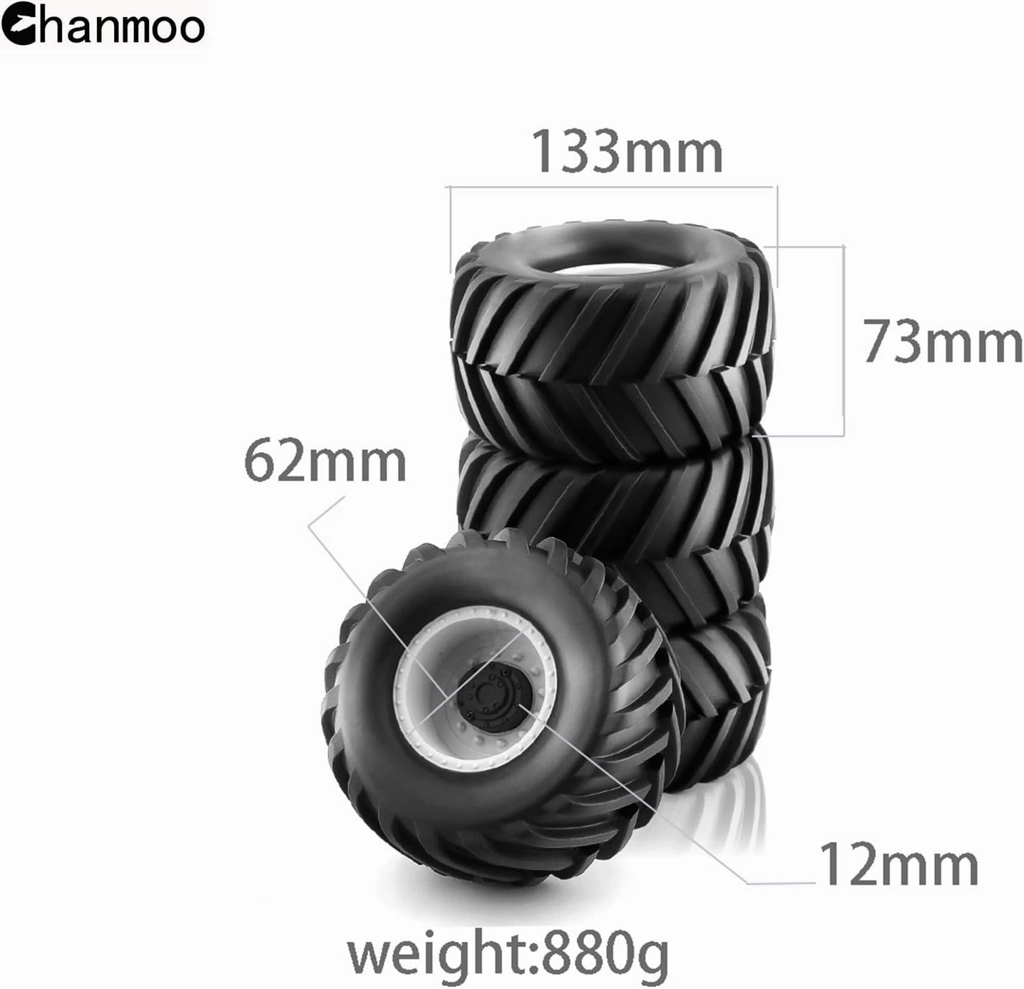 1/10 RC Monster Truck Tires and Hard Plastic Wheels Rims 12mm Hex Rubber Buggy Off Road Tyres with Foam for 1:10 Scale Truck Car Traxxas VXL 2WD Hoss 4x4 HSP HPI Tamiya Kyosho 4PCS (White)