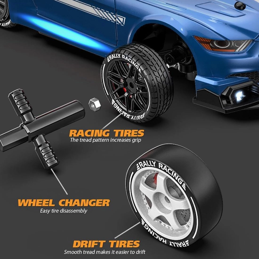 1:24 Scale RC Drift Car with LED Lights, 4WD Electric Remote Control Racing Vehicle, 2.4GHz 30KM/H High Speed Mini Sport Drift Car for Adults & Hobbyists