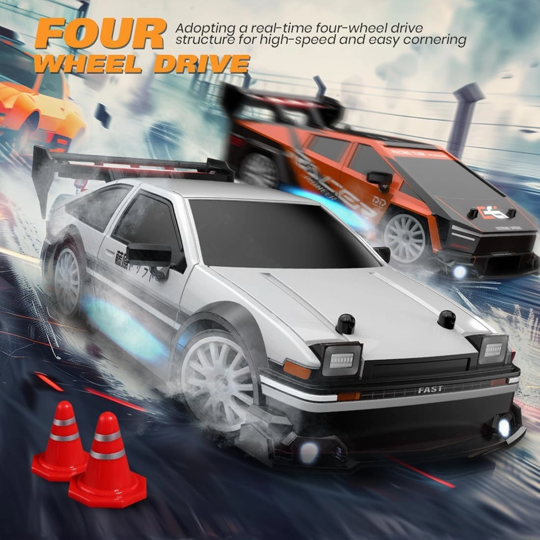 1:24 Scale RC Drift Car with LED Lights, 4WD Electric Remote Control Racing Vehicle, 2.4GHz 30KM/H High Speed Mini Sport Drift Car for Adults & Hobbyists