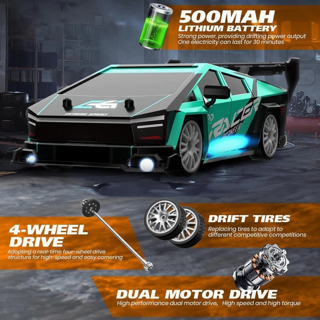 1:24 Scale RC Drift Car with LED Lights, 4WD Electric Remote Control Racing Vehicle, 2.4GHz 30KM/H High Speed Mini Sport Drift Car for Adults & Hobbyists