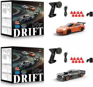 2 Pcs RC Drift Car, 1/43 Scale 2.4GHz Full Proportional Mini RC Remote Control Sports Car, 4WD High Speed Race Car with Lights, Racing Tires, RC Model Cars Toy Gift for Adults, Kids, Boys, Girls