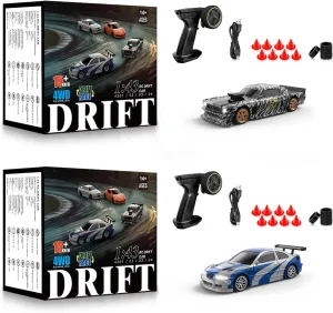 2 Pcs RC Drift Car, 1/43 Scale 2.4GHz Full Proportional Mini RC Remote Control Sports Car, 4WD High Speed Race Car with Lights, Racing Tires, RC Model Cars Toy Gift for Adults, Kids, Boys, Girls