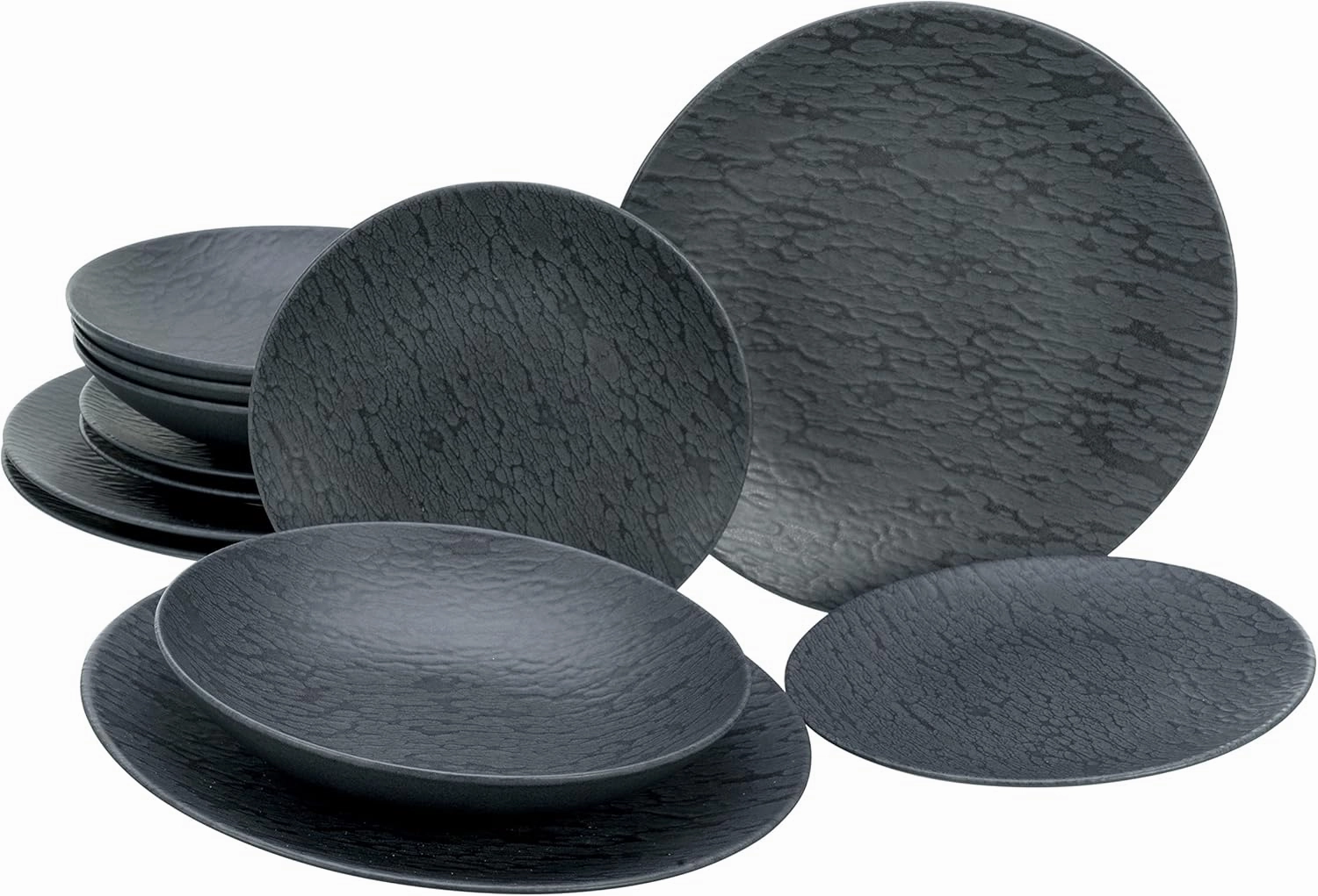 20540, Slate Black Series, 12-Piece Crockery Set, Stoneware Plate Set, Dishwasher and Microwave Safe, Made in Portugal