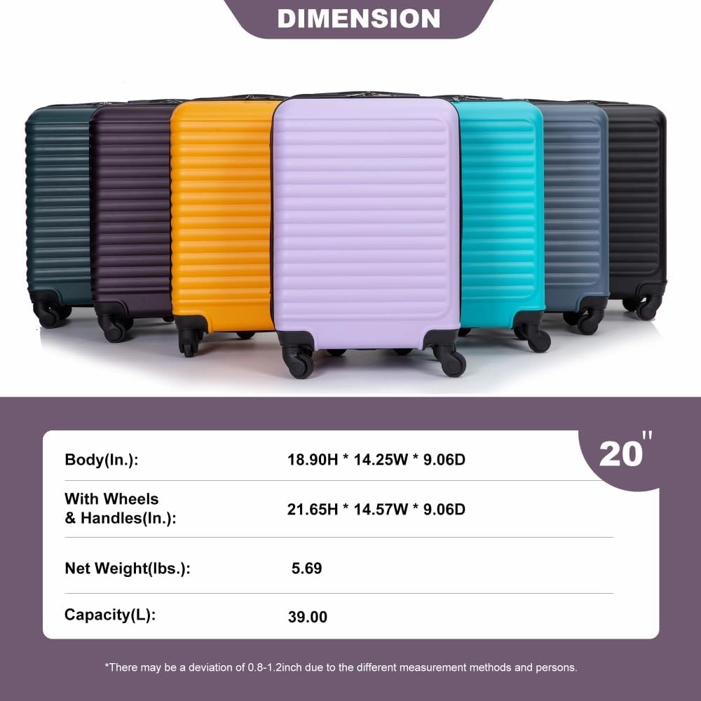 20" Carry On Luggage - Lightweight Hardshell Suitcase with 360° Spinner Wheels - Airline Approved Cabin Bag (Purple   ABS)