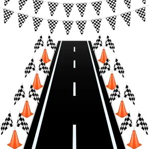 22 Pcs Racing Traffic Cones Party Decoration with Racetrack Floor Runner Checkered Flags Black White Pennant Banner Orange Sports Safety Cones For Race Car Birthday Party Supplies