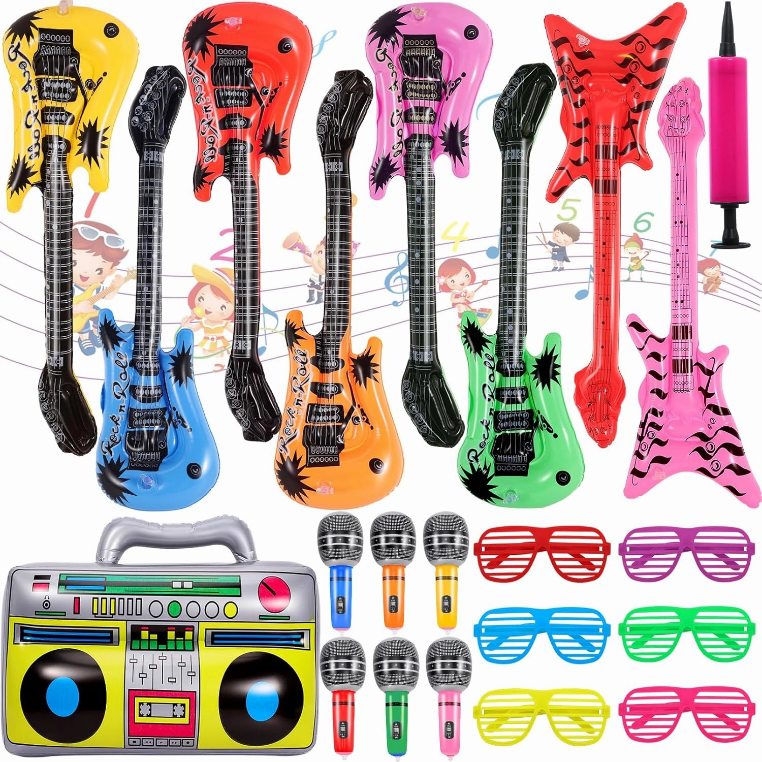 22Pcs Inflatable Instruments Party Props,Inflatable Rock Star Toy with Inflatable Guitar,Microphone,Inflatable Radio Boombox,Shutter Shading Glasses for 80s 90s Themed Rock N Roll Party Favor