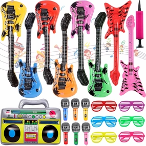 22Pcs Inflatable Instruments Party Props,Inflatable Rock Star Toy with Inflatable Guitar,Microphone,Inflatable Radio Boombox,Shutter Shading Glasses for 80s 90s Themed Rock N Roll Party Favor