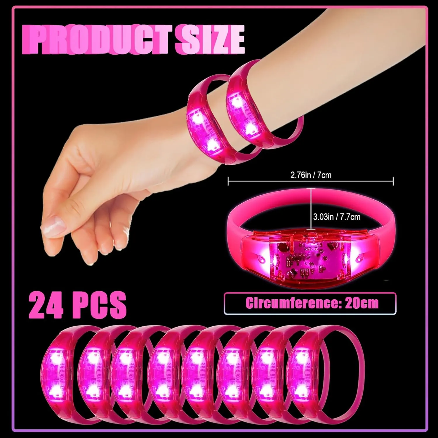 24 Pcs LED Glow Bracelets Sound Activated Bracelet Glow Bracelets with Flashing LED Strobe for Carnival,Concerts , Night Events, Rave, Game Prizes, Birthday Party Favor,Class Gift (pink