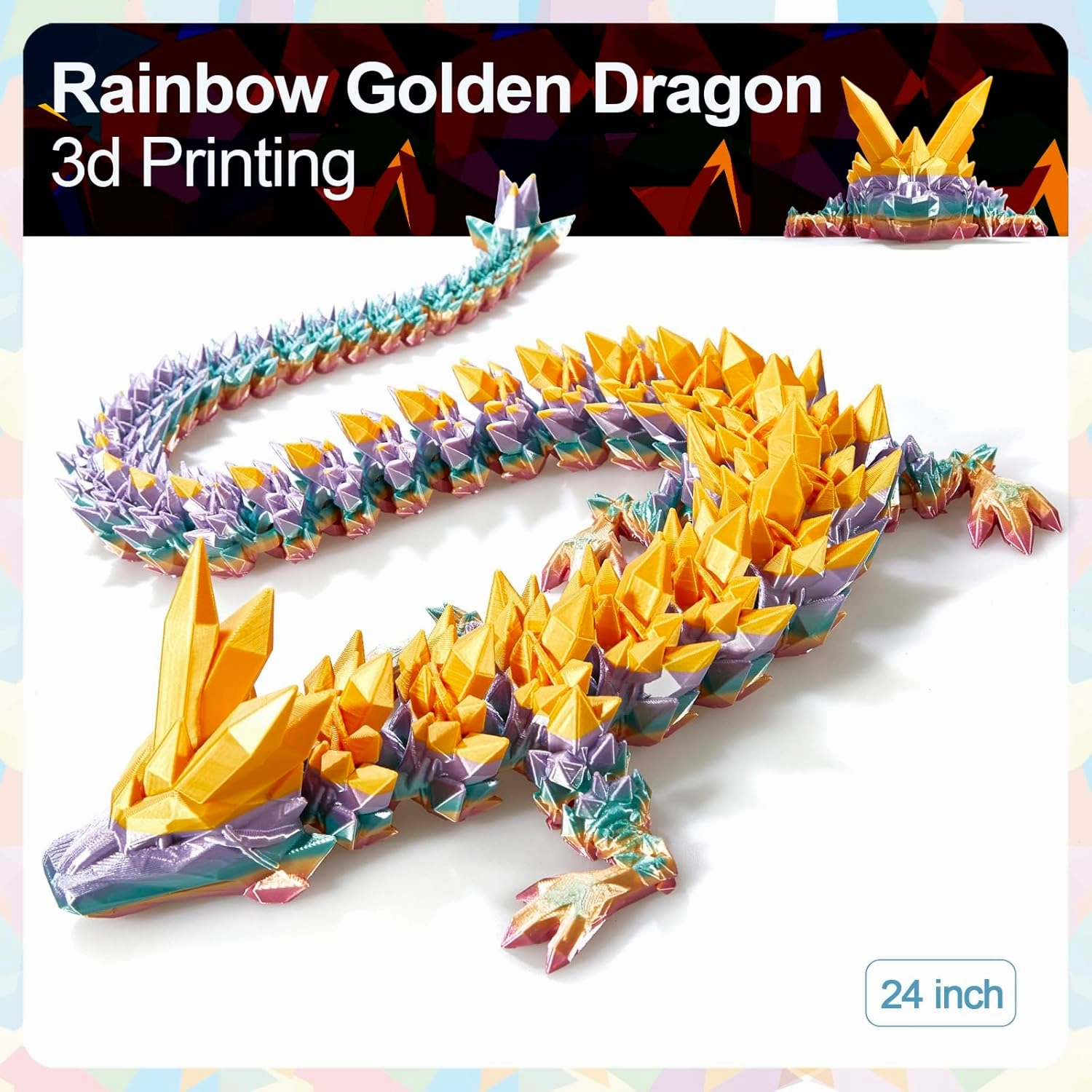 24 in 3D Printed Dragon, 24inch Dragon，3D Dragon Toy,Large Dragon Present,Ariculated Crystal Dragon(Gold Rainbow)