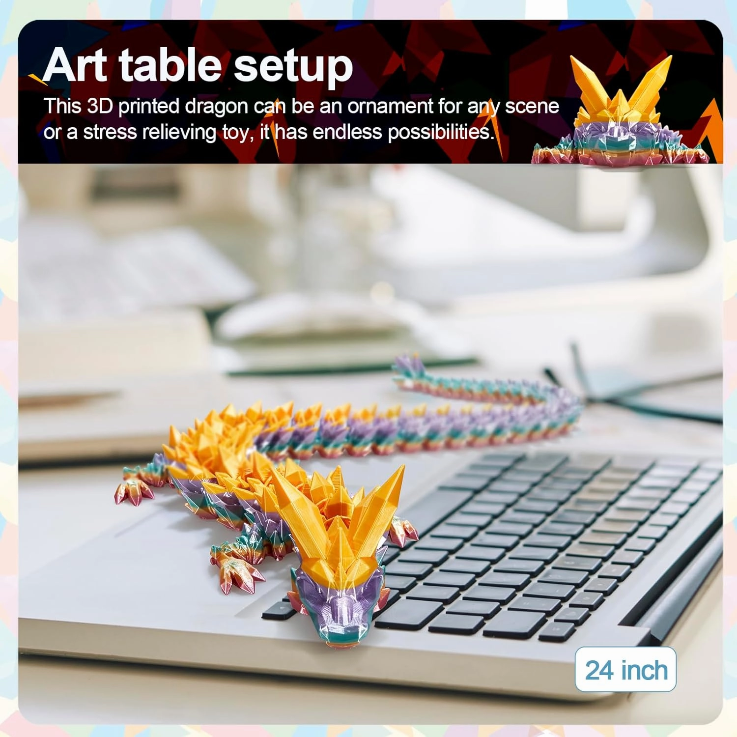 24 in 3D Printed Dragon, 24inch Dragon，3D Dragon Toy,Large Dragon Present,Ariculated Crystal Dragon(Gold Rainbow)