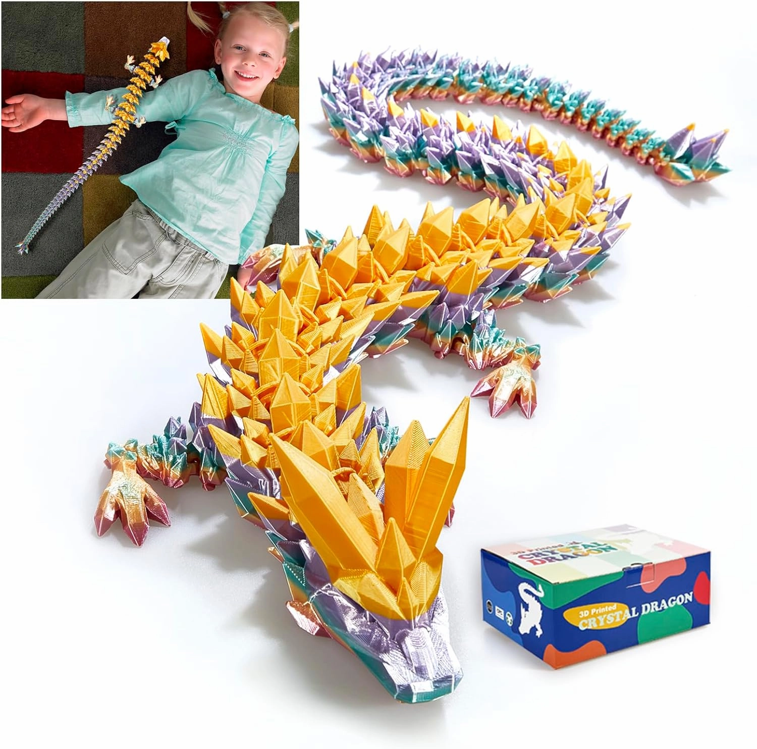 24 in 3D Printed Dragon, 24inch Dragon，3D Dragon Toy,Large Dragon Present,Ariculated Crystal Dragon(Gold Rainbow)