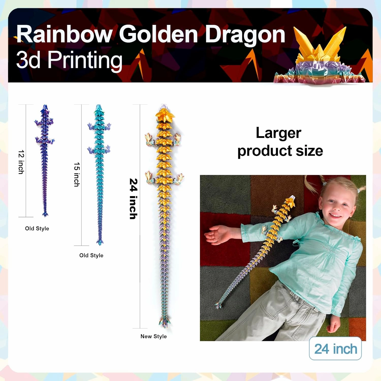 24 in 3D Printed Dragon, 24inch Dragon，3D Dragon Toy,Large Dragon Present,Ariculated Crystal Dragon(Gold Rainbow)