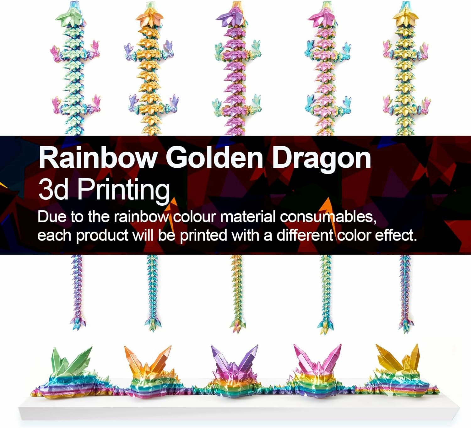 24 in 3D Printed Dragon, 24inch Dragon，3D Dragon Toy,Large Dragon Present,Ariculated Crystal Dragon(Gold Rainbow)