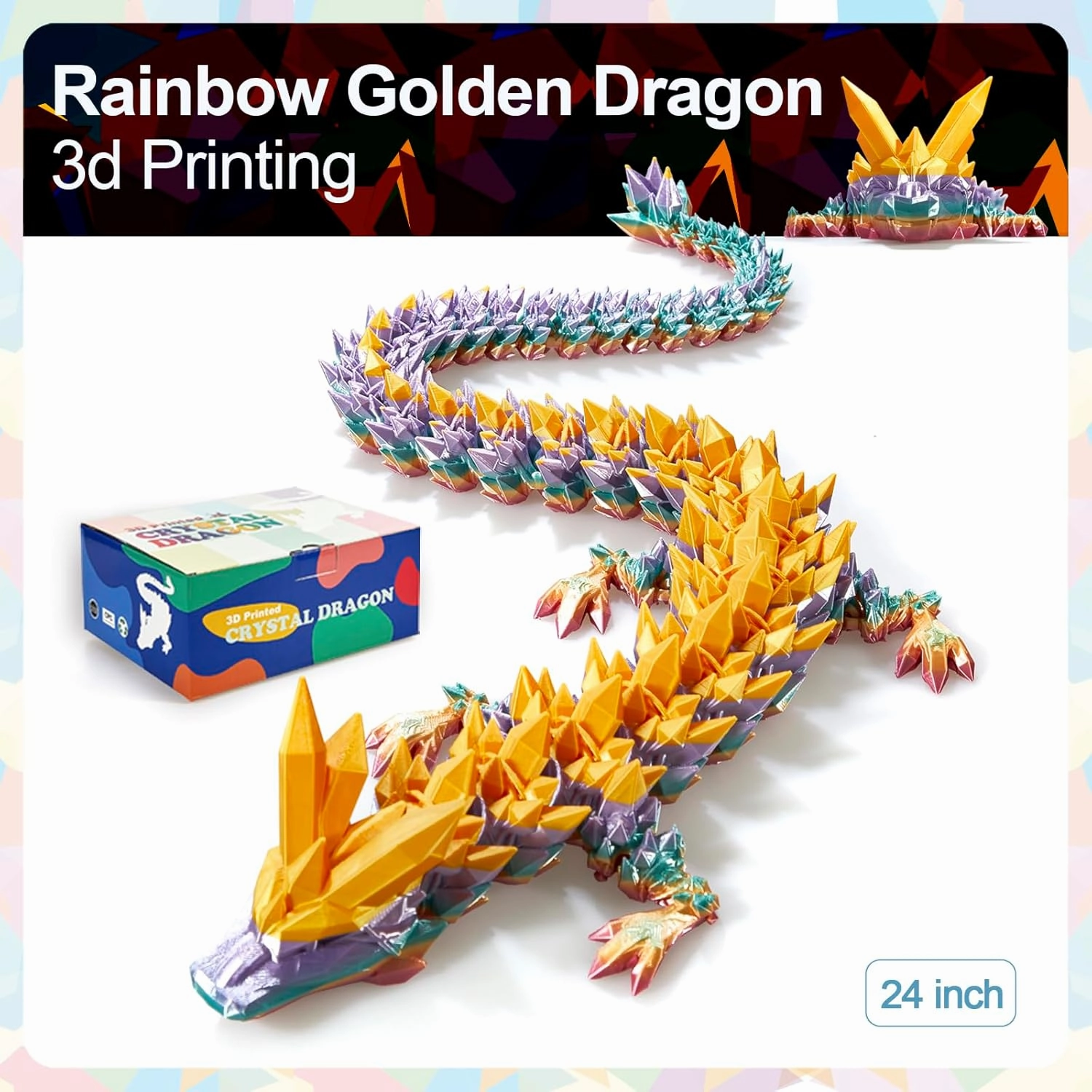 24 in 3D Printed Dragon, 24inch Dragon，3D Dragon Toy,Large Dragon Present,Ariculated Crystal Dragon(Gold Rainbow)