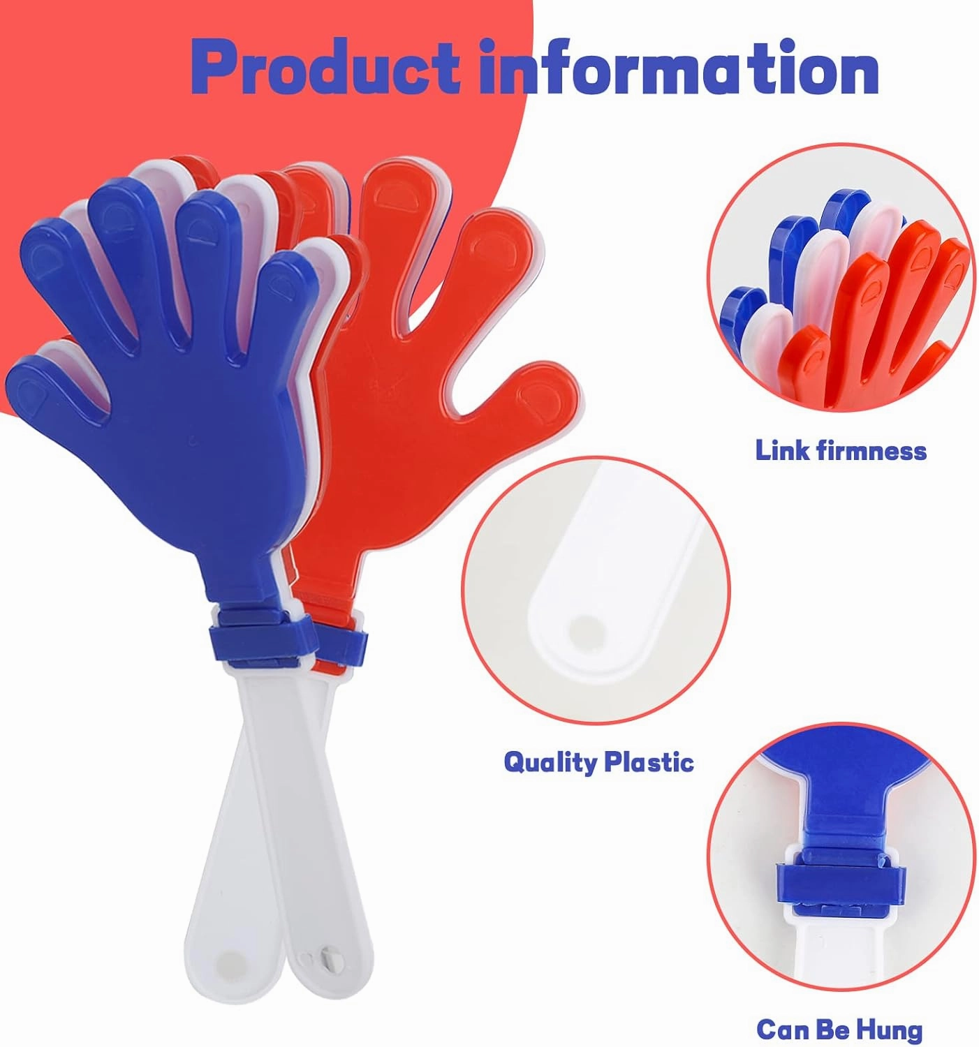 24 Pcs Red/White/Blue Hand Clappers 7.5 Inch Noise Makers Plastic Clapping Hands Noisemakers Patriotic Parties, Sporting Event, Concert Supplies Dance Celebrations and Many Other Occasions