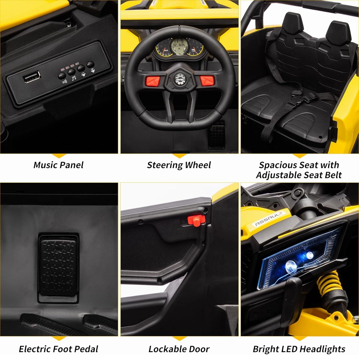 24V Kids Ride-On Utv Car – Battery-Powered Electric Vehicle with Remote Control, Spring Suspension, 200W Motor, Metal Frame, USB, Music, and Led Lights, Perfect Ride-On Toy for Children(Yellow)