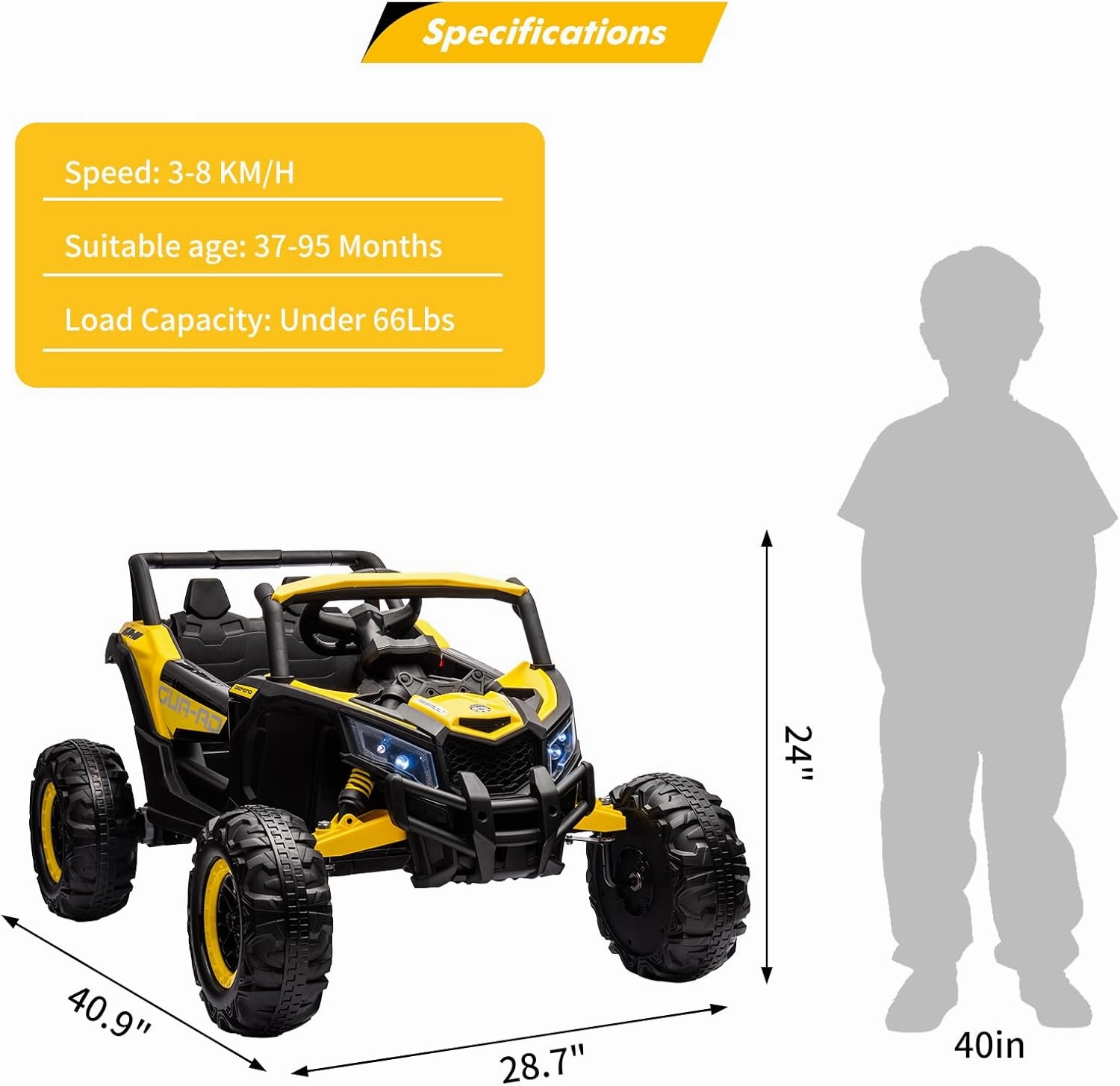 24V Kids Ride-On Utv Car – Battery-Powered Electric Vehicle with Remote Control, Spring Suspension, 200W Motor, Metal Frame, USB, Music, and Led Lights, Perfect Ride-On Toy for Children(Yellow)