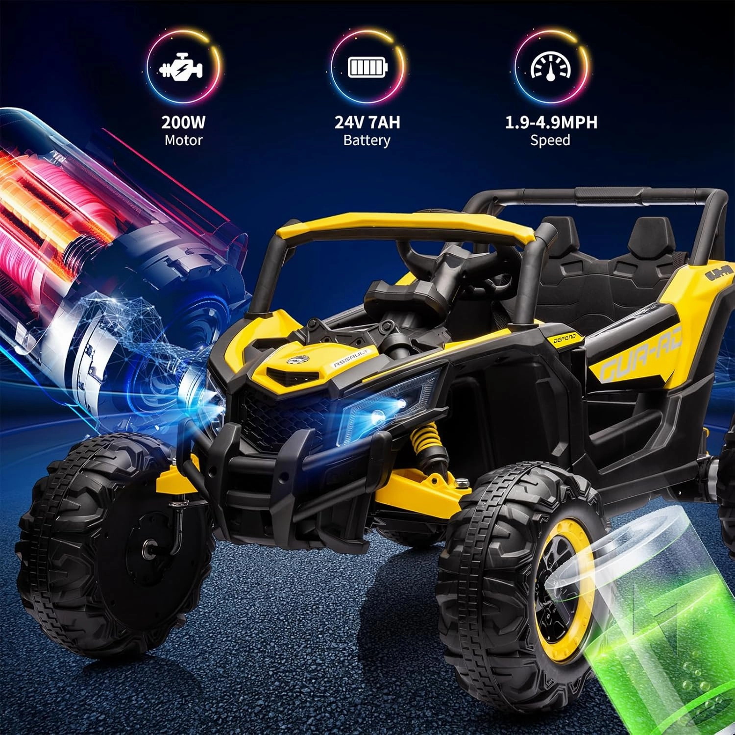 24V Kids Ride-On Utv Car – Battery-Powered Electric Vehicle with Remote Control, Spring Suspension, 200W Motor, Metal Frame, USB, Music, and Led Lights, Perfect Ride-On Toy for Children(Yellow)