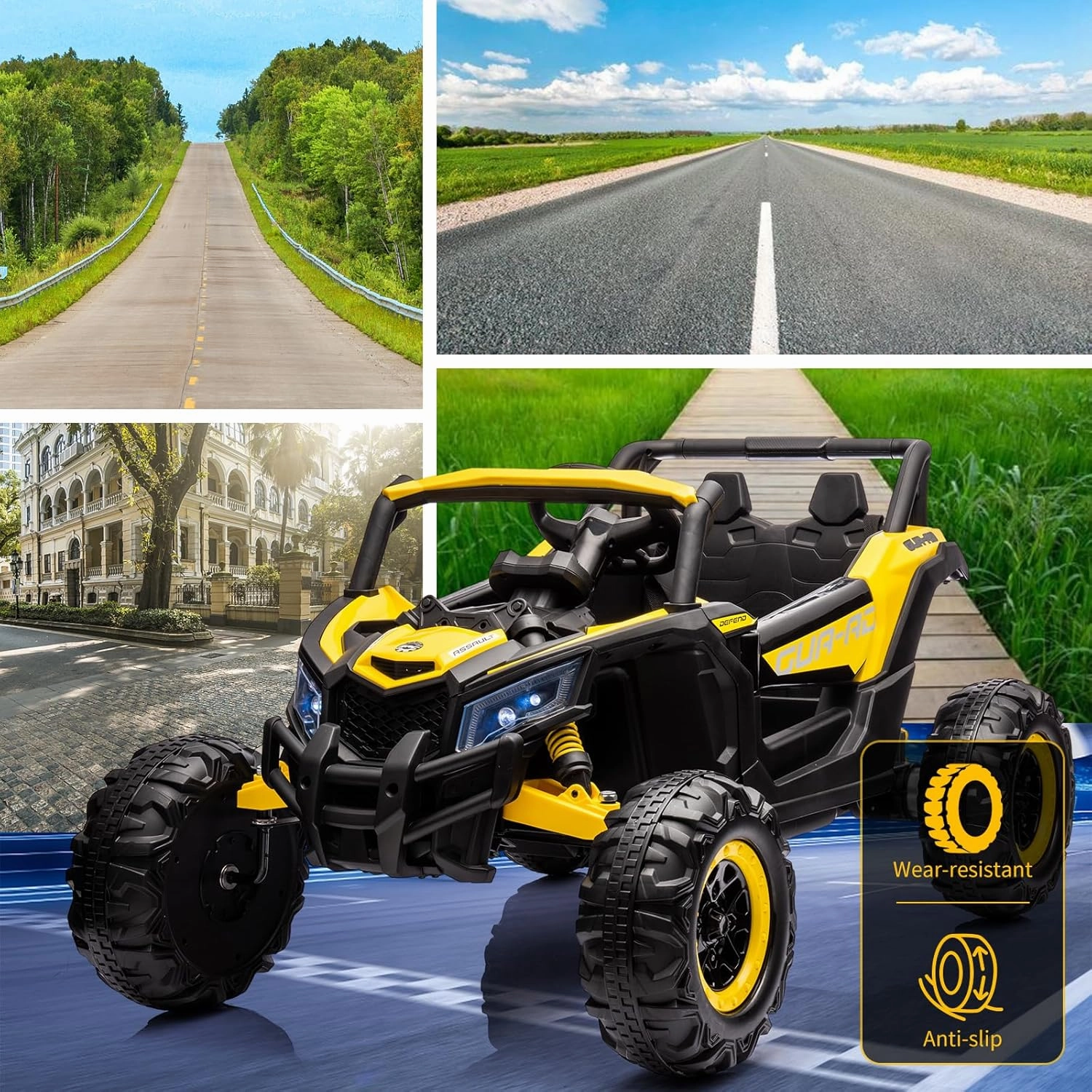 24V Kids Ride-On Utv Car – Battery-Powered Electric Vehicle with Remote Control, Spring Suspension, 200W Motor, Metal Frame, USB, Music, and Led Lights, Perfect Ride-On Toy for Children(Yellow)