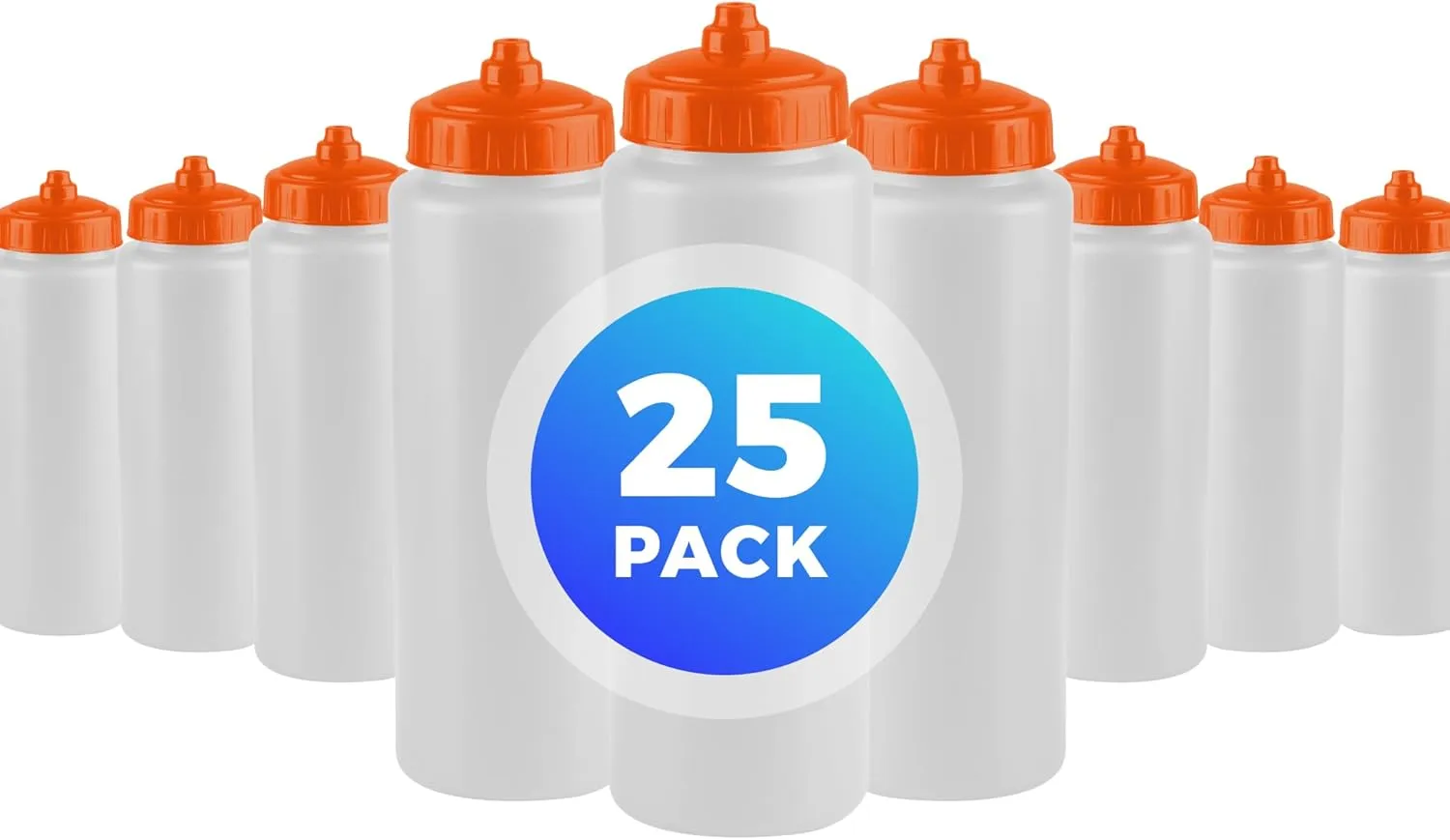25-Pack, 32 oz Water Bottles, BPA Free Squeeze Bottle, White Water Bottle with Orange Lid, Made in USA by Gary Plastic Packaging