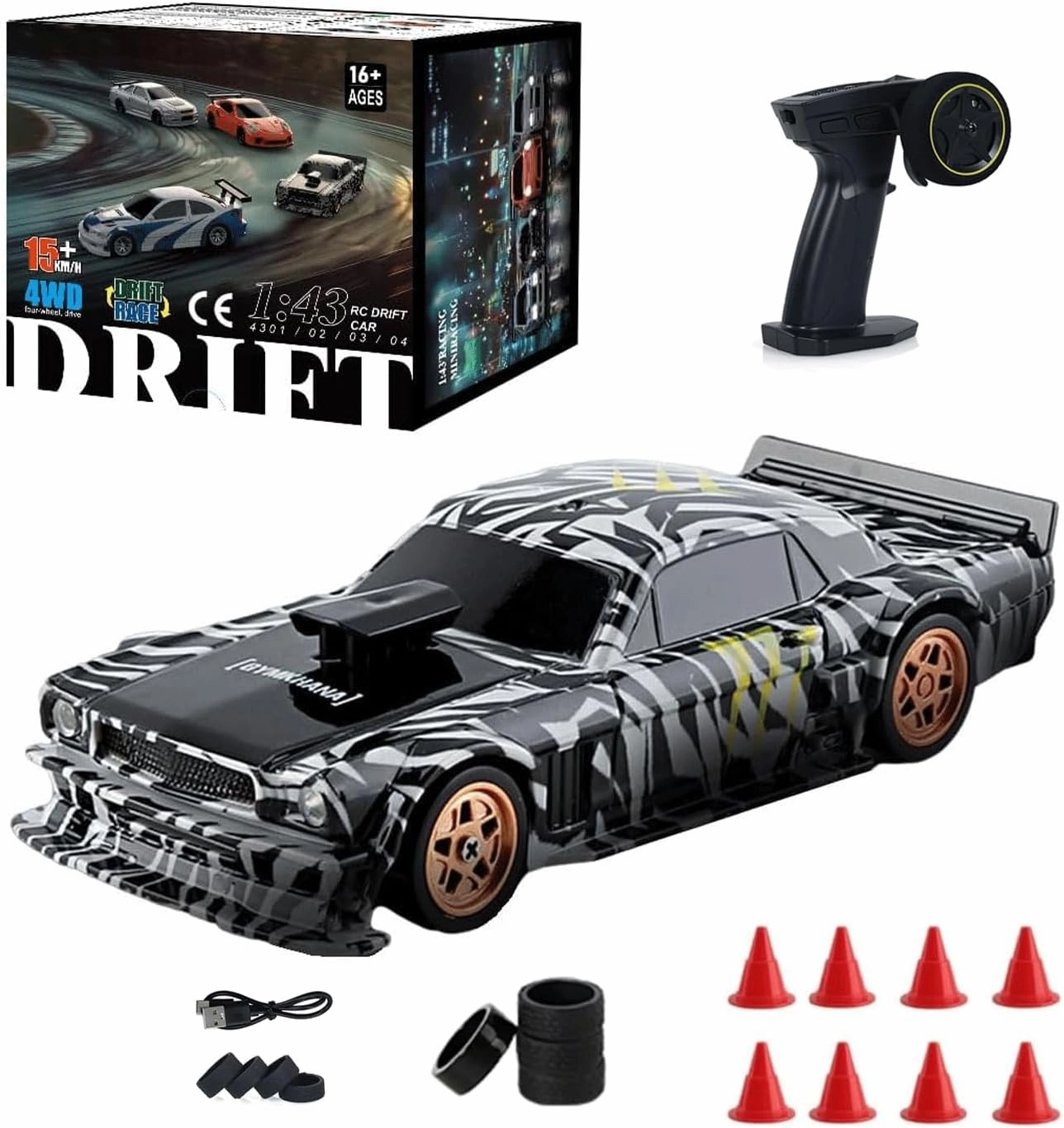 2.4G RC Drift Car with Lights for Beginner, 1/43 Scale 4WD High-Speed 15KM/H Electric Mini Racing Car Remote Control Sport Drift Car for Adults– RTR/Gyro Version