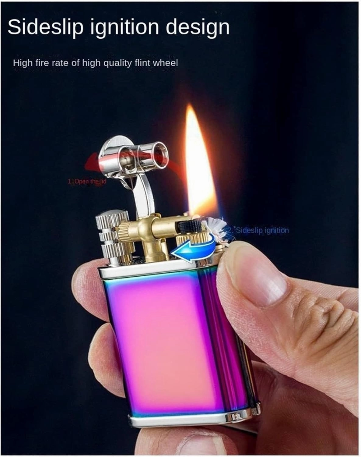 2 in 1 Vintage Kerosene Lighter, Permanent Match, Soft Flame, Antique Rocker Arm Flint Wheel,(Black)