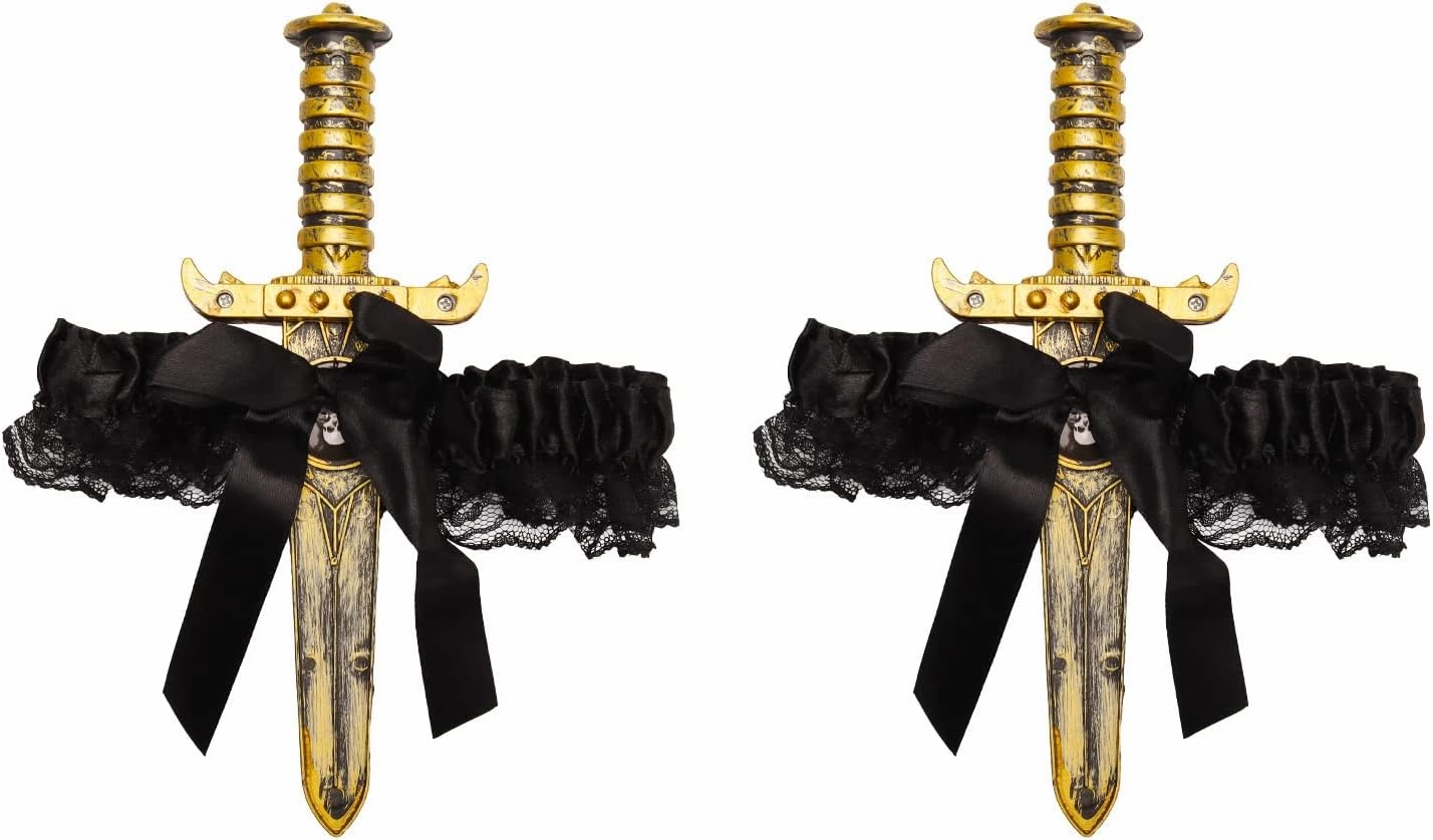 2 Pcs Bow Garter with Pirate Dagger Lace Bow Leg Ring Sword Leg Holster for Halloween Carnival Dress Up Props Women Girls Favor,Black