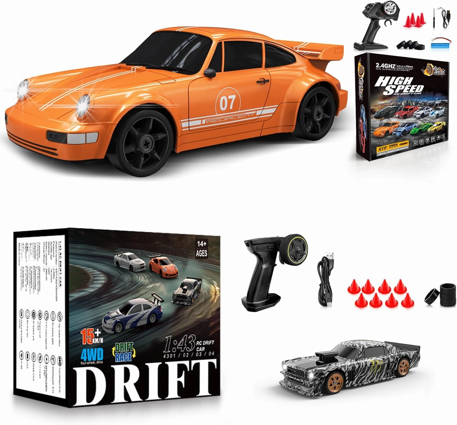 2PCS RC Drift Car, 1:24 Remote Control Car 4WD 15KM/H High Speed Racing Sport Car And 1/43 Scale 2.4GHz Full Proportional Mini RC Remote Control Sports Car for Kids Boys Girls Adults Gifts Birthday Ch