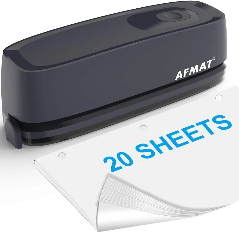 3 Hole Puncher for Paper, AFMAT Electric Hole Punch 3 Ring, 20-Sheet Paper Punch, AC or Battery Operated 3 Hole Puncher, Effortless Punching, Long Lasting Paper Punch for Office School Studio, Gray