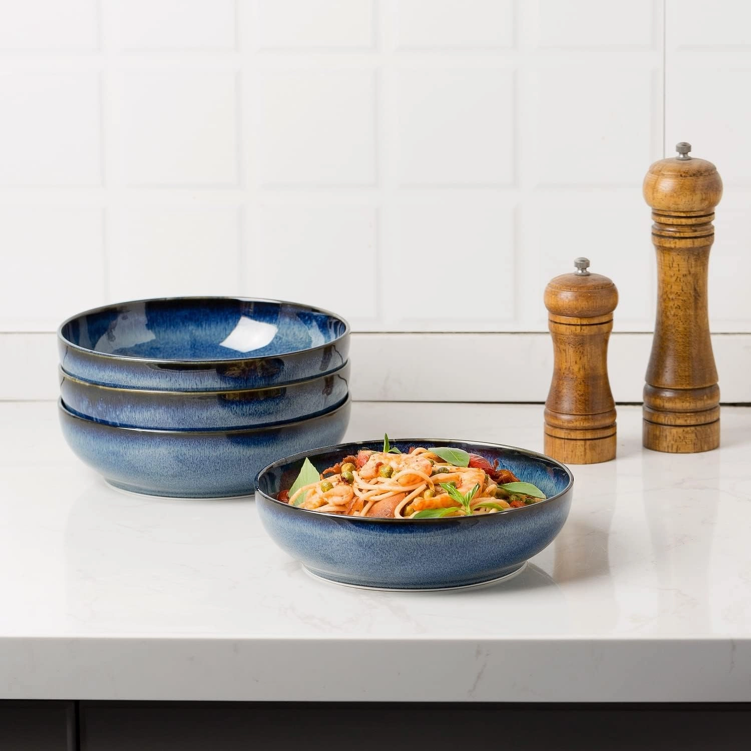 30oz Pasta bowls set - 8" serving bowls - salad bowl set of 4 - Large ceramic Dinner bowls - Microwave safe Perfect for Housewarming, Thanksgiving, Christmas-Royal Blue