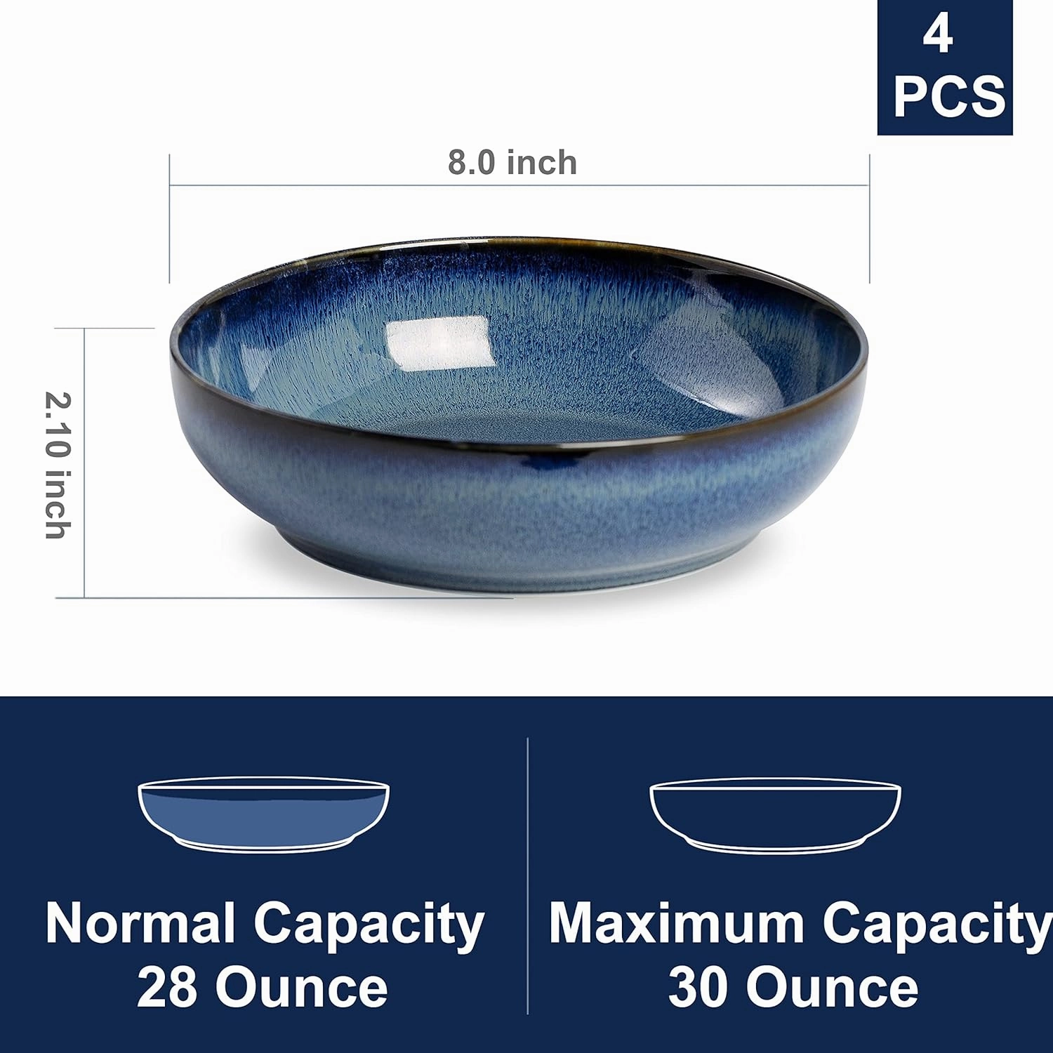 30oz Pasta bowls set - 8" serving bowls - salad bowl set of 4 - Large ceramic Dinner bowls - Microwave safe Perfect for Housewarming, Thanksgiving, Christmas-Royal Blue