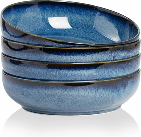 30oz Pasta bowls set - 8" serving bowls - salad bowl set of 4 - Large ceramic Dinner bowls - Microwave safe Perfect for Housewarming, Thanksgiving, Christmas-Royal Blue