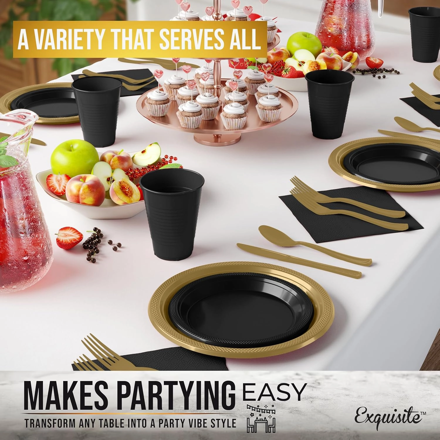 350 Pcs Black & Gold Plastic Plates For Party, Black & Gold Disposable Plates Set, 50 Of Each 9" Dinner Plate Set, 7" Dessert Plate, Cups, Napkins & Cutlery Plastic Dinnerware Party Solids