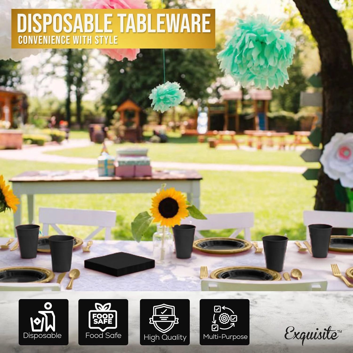 350 Pcs Black & Gold Plastic Plates For Party, Black & Gold Disposable Plates Set, 50 Of Each 9" Dinner Plate Set, 7" Dessert Plate, Cups, Napkins & Cutlery Plastic Dinnerware Party Solids