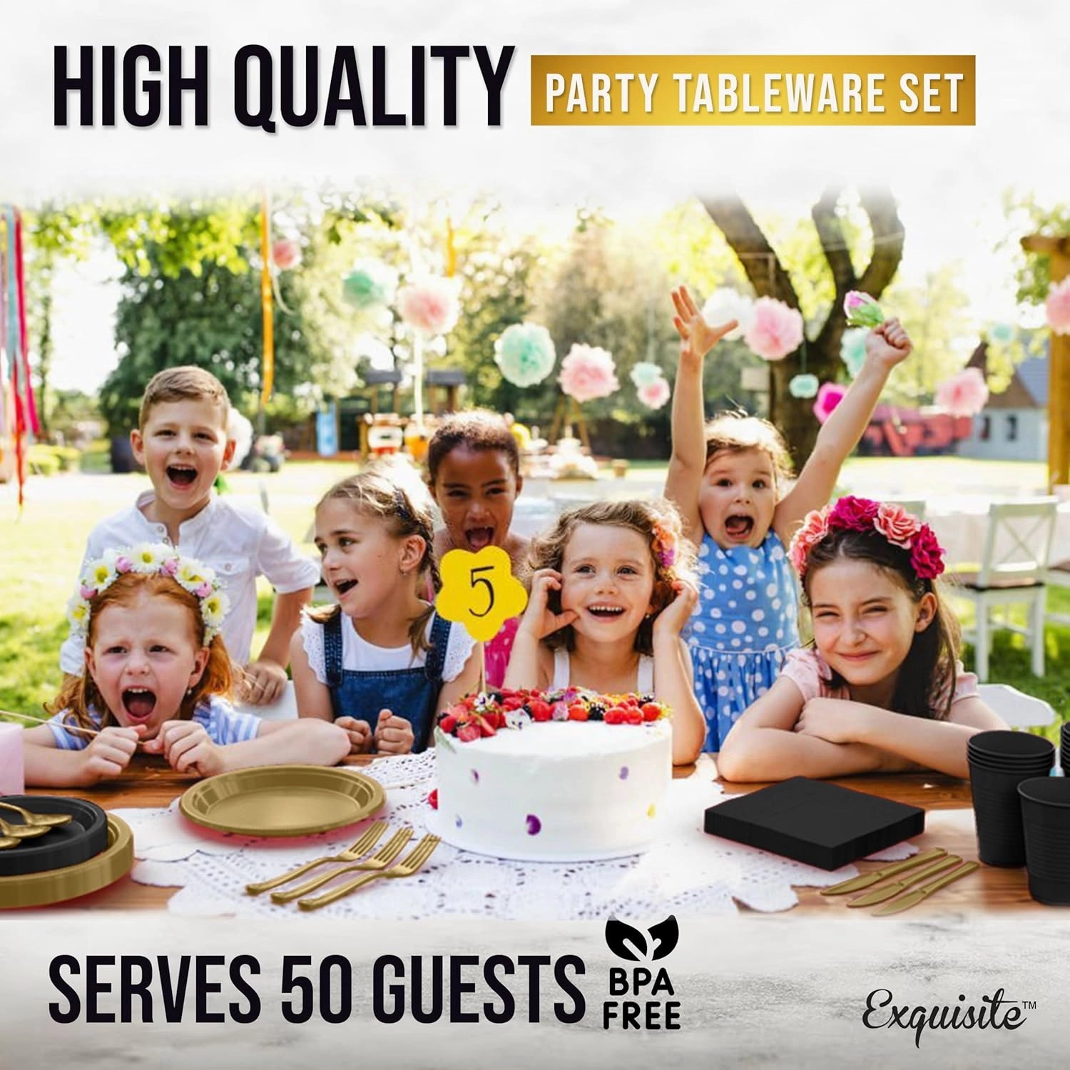 350 Pcs Black & Gold Plastic Plates For Party, Black & Gold Disposable Plates Set, 50 Of Each 9" Dinner Plate Set, 7" Dessert Plate, Cups, Napkins & Cutlery Plastic Dinnerware Party Solids