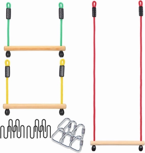 3 Wooden Monkey Bars for Monkey Line, Gorilla Line & Ninja Warrior Obstacle Courses – Complete Expansion Kit with Durable Buckles & Carabiners, Easy Setup, Safe & Secure Training Equipment (Grey)