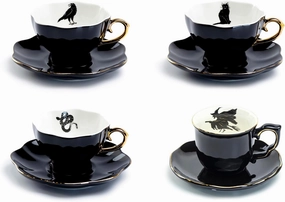 4 Assorted Halloween Tea Cup and Saucer Sets - Raven, Cat, Snake, Witch, Black White and Gold