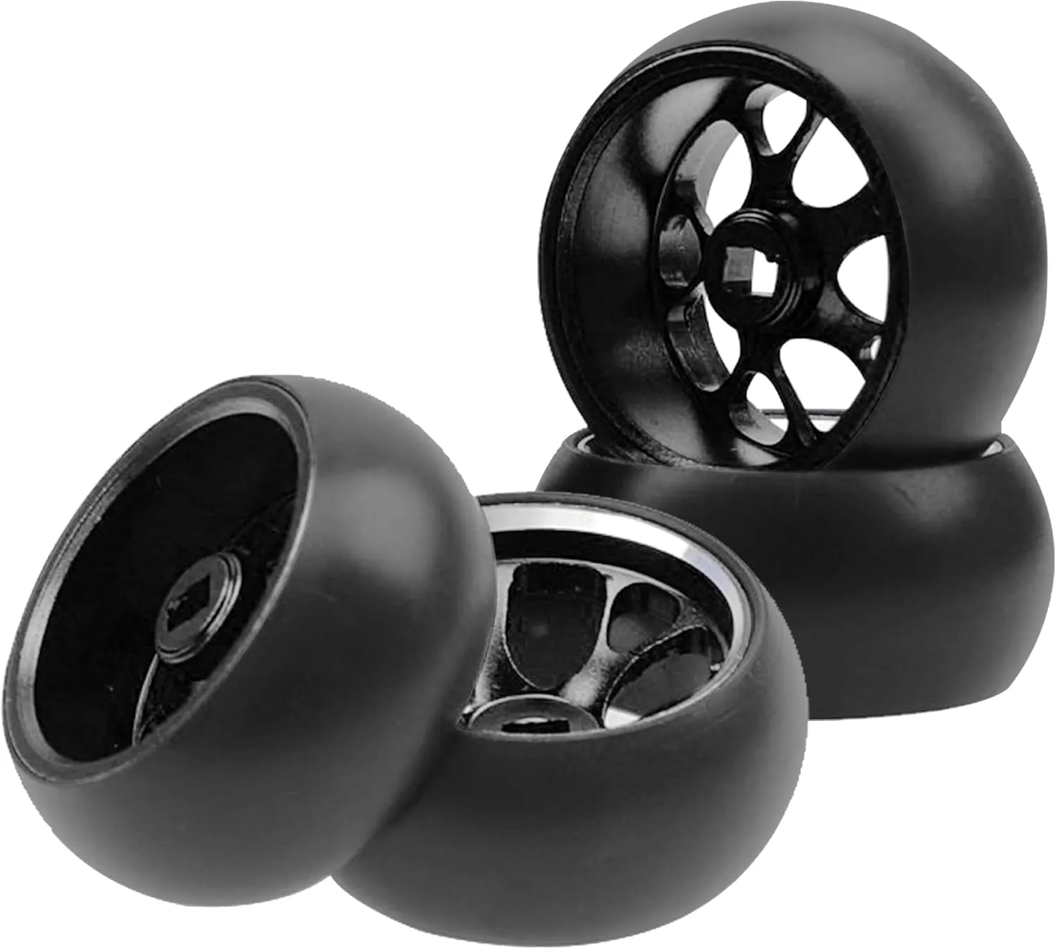 4Pack Vgoohobby 1/28 Tires Plastic Drift Car Tyres w/Alloy Wheel Rims Compatible with Wltoys K969 K989 Kyosho Mini-Z Mini-Q Mini-D 1/28 RC Drift Car (Black)