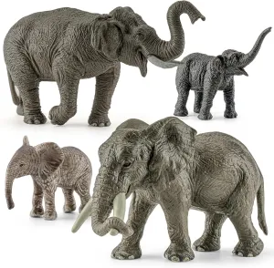 4PCS Safari Elephant Animals Toys, Plastic Wild Animals Family Figures Toy for Kids Ages 3-5 Includes African & Asian Elephant and Cubs, Cake Toppers Birthday Gift Party Favors for Boy Girl