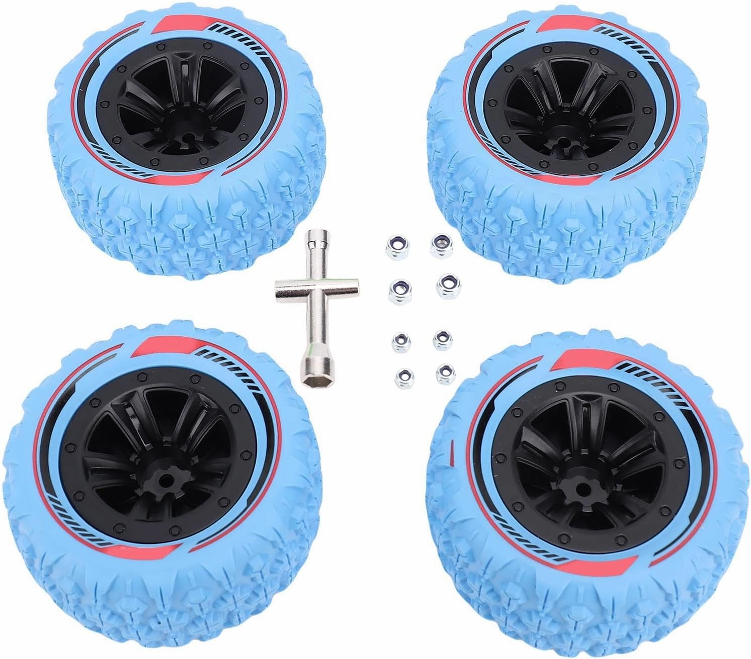 4PCS 12mm Hex RC Wheel Tire Extra Large Mud Terrain Tires with Anti Skid Surface Aluminum Alloy Beadlock Wheels for 1/14 1/16 RC Car Crawler Truck (Blue)