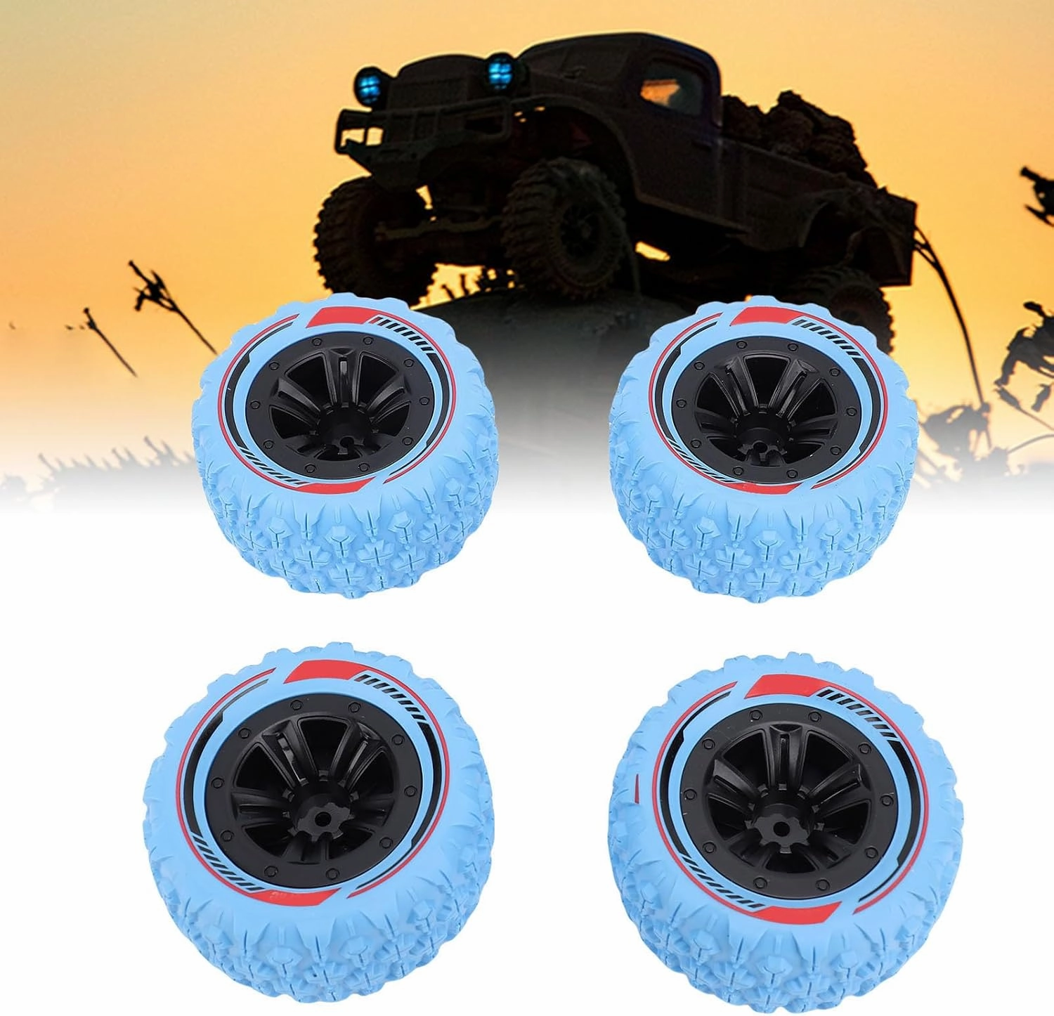 4PCS 12mm Hex RC Wheel Tire Extra Large Mud Terrain Tires with Anti Skid Surface Aluminum Alloy Beadlock Wheels for 1/14 1/16 RC Car Crawler Truck (Blue)