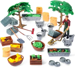 54 Pcs Play Farm Feed Food Accessories Toy Set Mini Educational Playset Feed Set, Includes Plastic Hay Bale Straw Heap Vegetable Planting Scene Tools Educational Gift Cake Toppers for Kids Toddlers