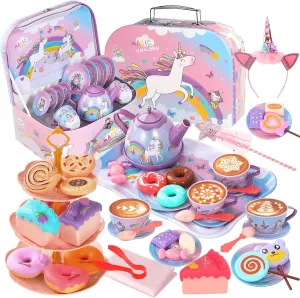 55Pcs Tea Party Set for Little Girls, Princess Tea Party Set, Unicorn Kid Tin Tea Set,Kids Kitchen Pretend Toy, Toddler Tea Party Sets for Girls 3-5, Girls Tea Party Set Gift for 4   Year Old Girl