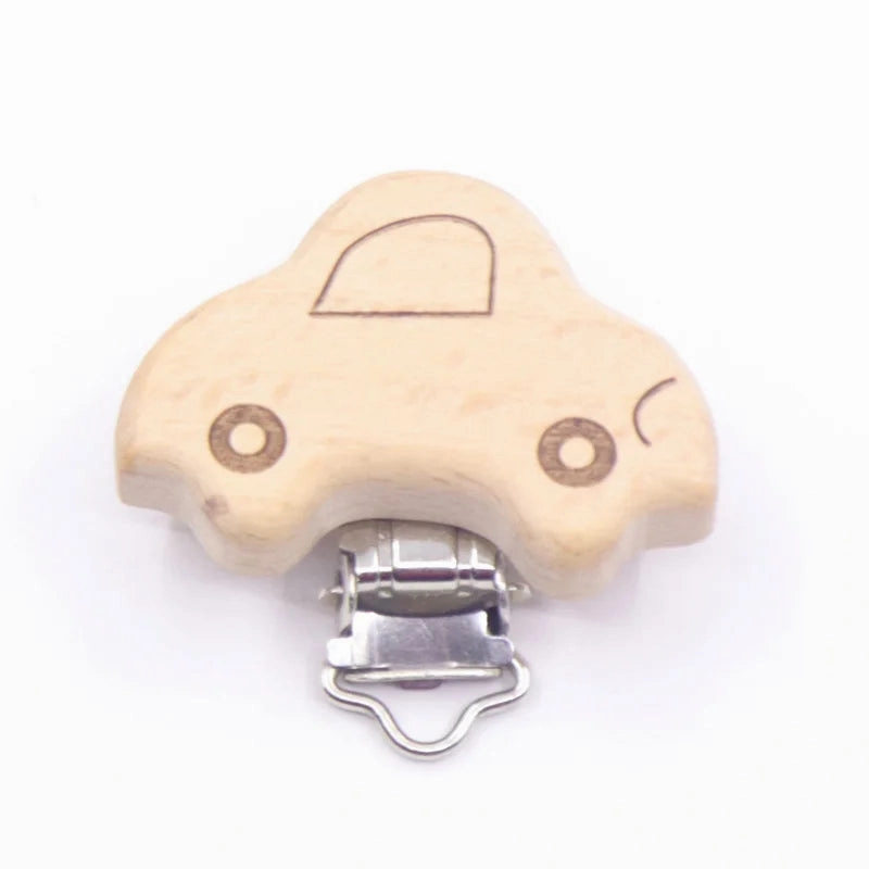 5pcs Cute Wood Cartoon Animal Pacifier Clip Set, Beech Chain Holder, DIY Baby Accessory, Natural Teething Clip