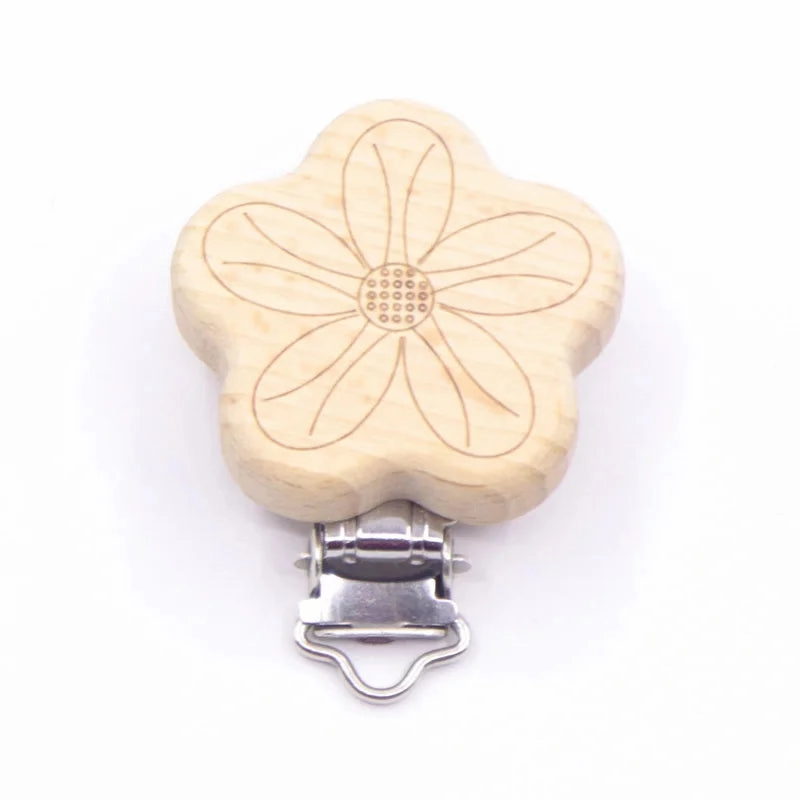 5pcs Cute Wood Cartoon Animal Pacifier Clip Set, Beech Chain Holder, DIY Baby Accessory, Natural Teething Clip