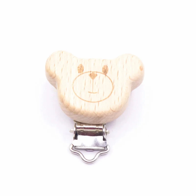 5pcs Cute Wood Cartoon Animal Pacifier Clip Set, Beech Chain Holder, DIY Baby Accessory, Natural Teething Clip
